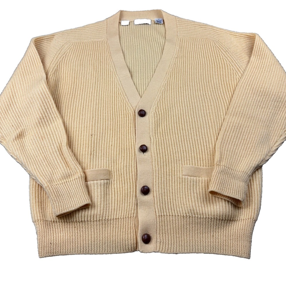 Vintage 80s Austin Reed Cardigan Sweater Men's Large Peach 100% Wool Made Peru